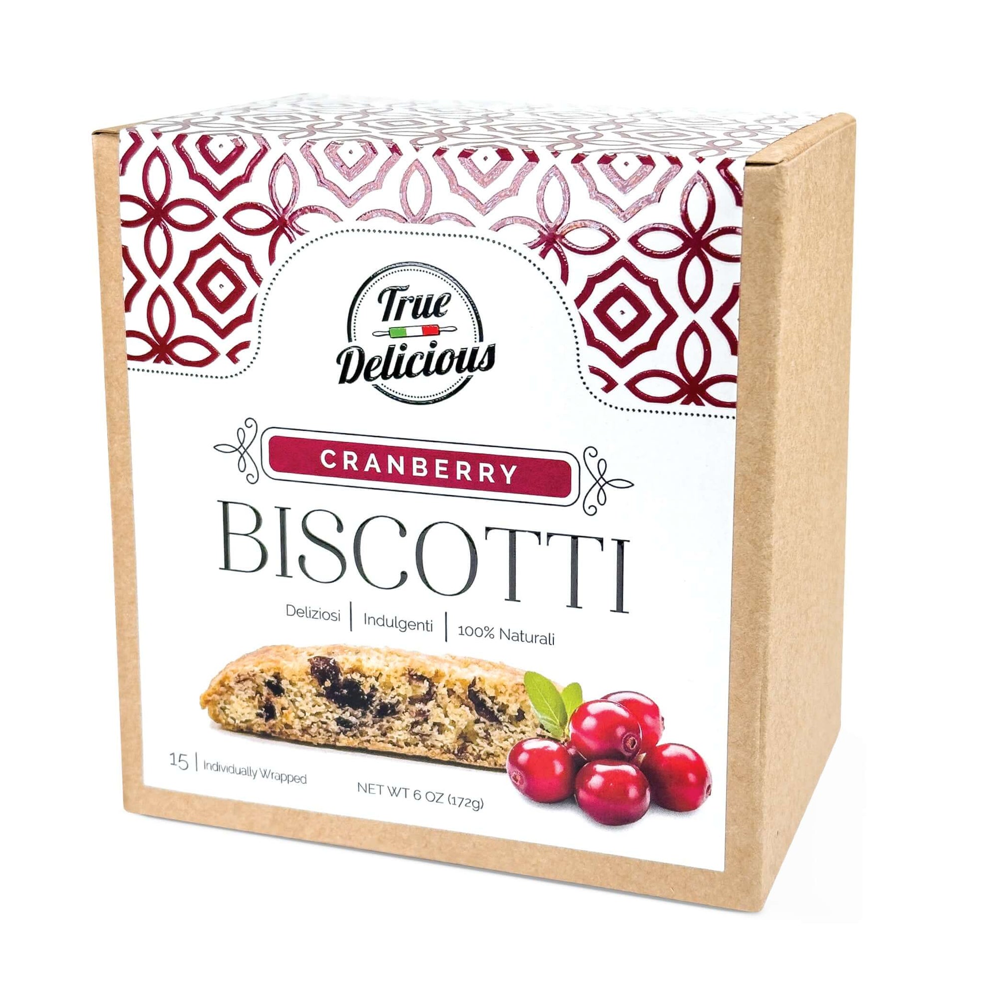 A box of True Delicious Elegant Box Cranberry Biscotti Individually Wrapped, featuring artisan-crafted, 100% natural biscotti with a patterned red-and-white design and an image of cranberry-studded treats on the packaging.