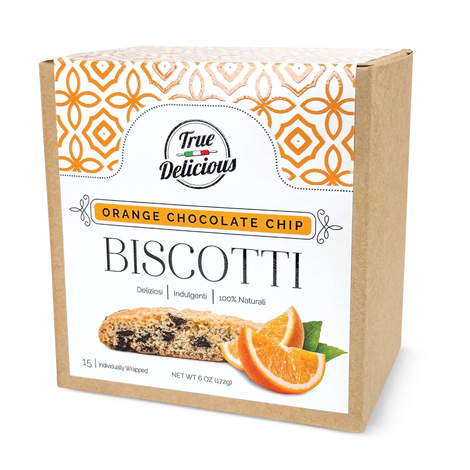 A box of True Delicious Elegant Box Orange Chocolate Chip Biscotti Individually Wrapped, featuring biscotti and orange slice images, decorative orange patterns, and product details on the front.