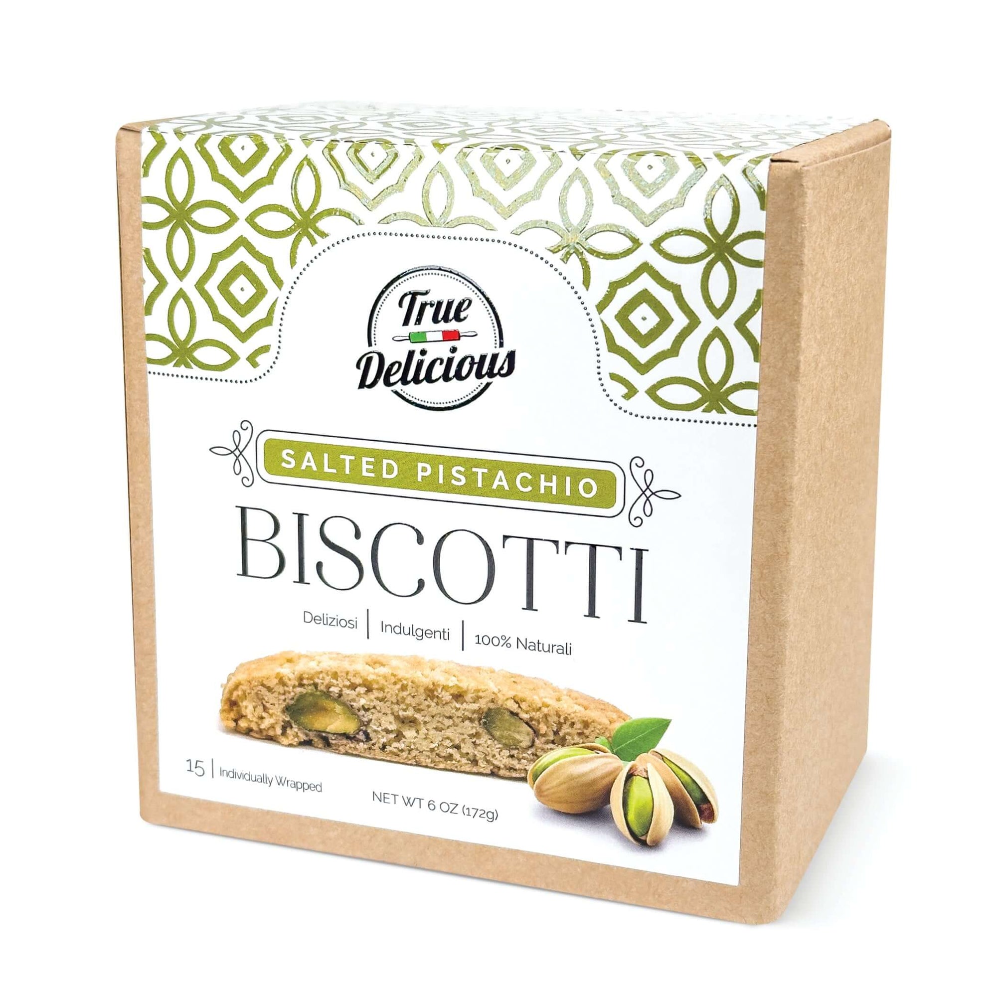 A box of True Delicious Elegant Box Salted Pistachio Biscotti Individually Wrapped, with images of pistachio biscotti, green decorative patterns, and product details on refined white and brown packaging.