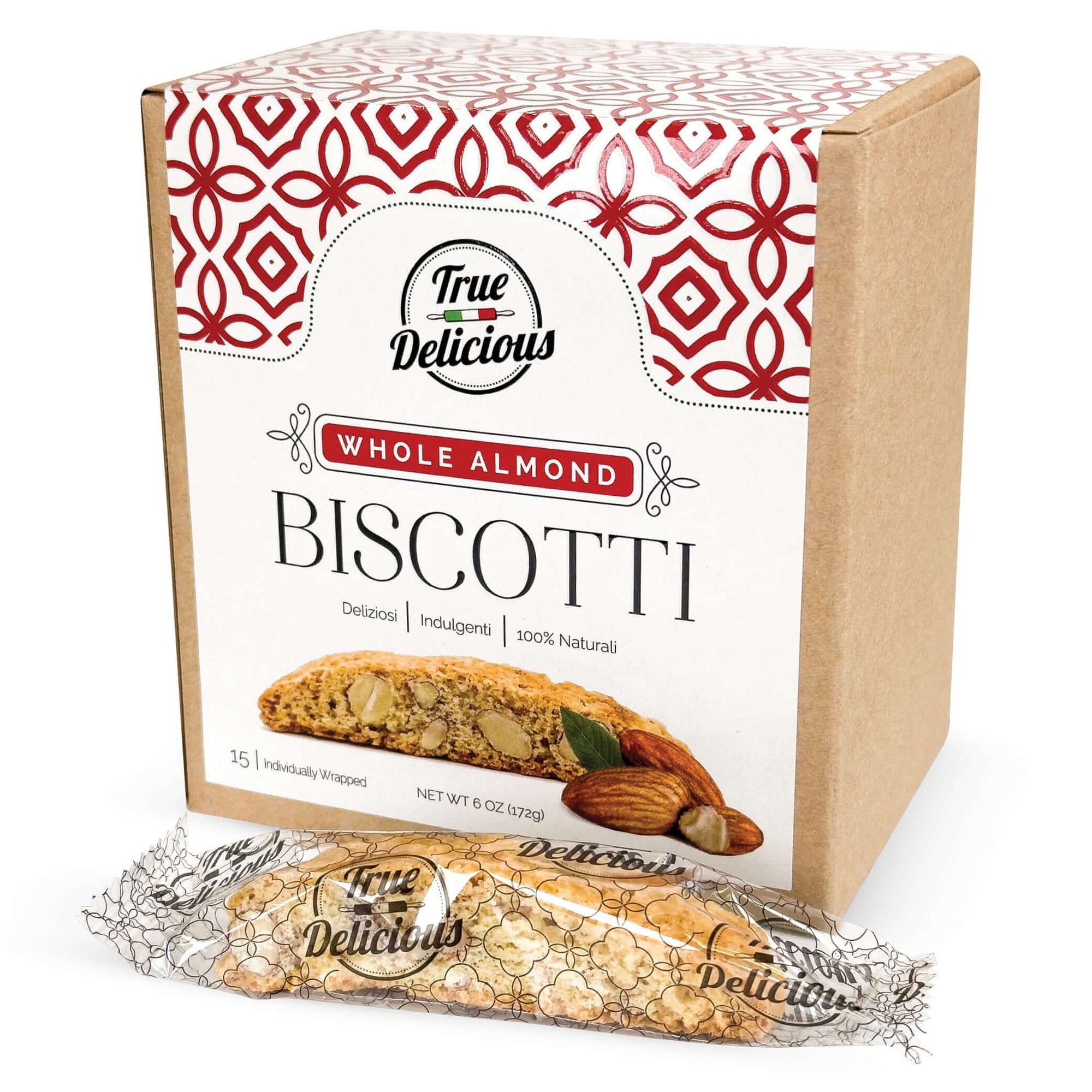 A box of True Delicious Elegant Box Almond Biscotti Individually Wrapped is displayed with two unwrapped biscotti in front. The packaging features a red and white design with images of almonds and biscotti.