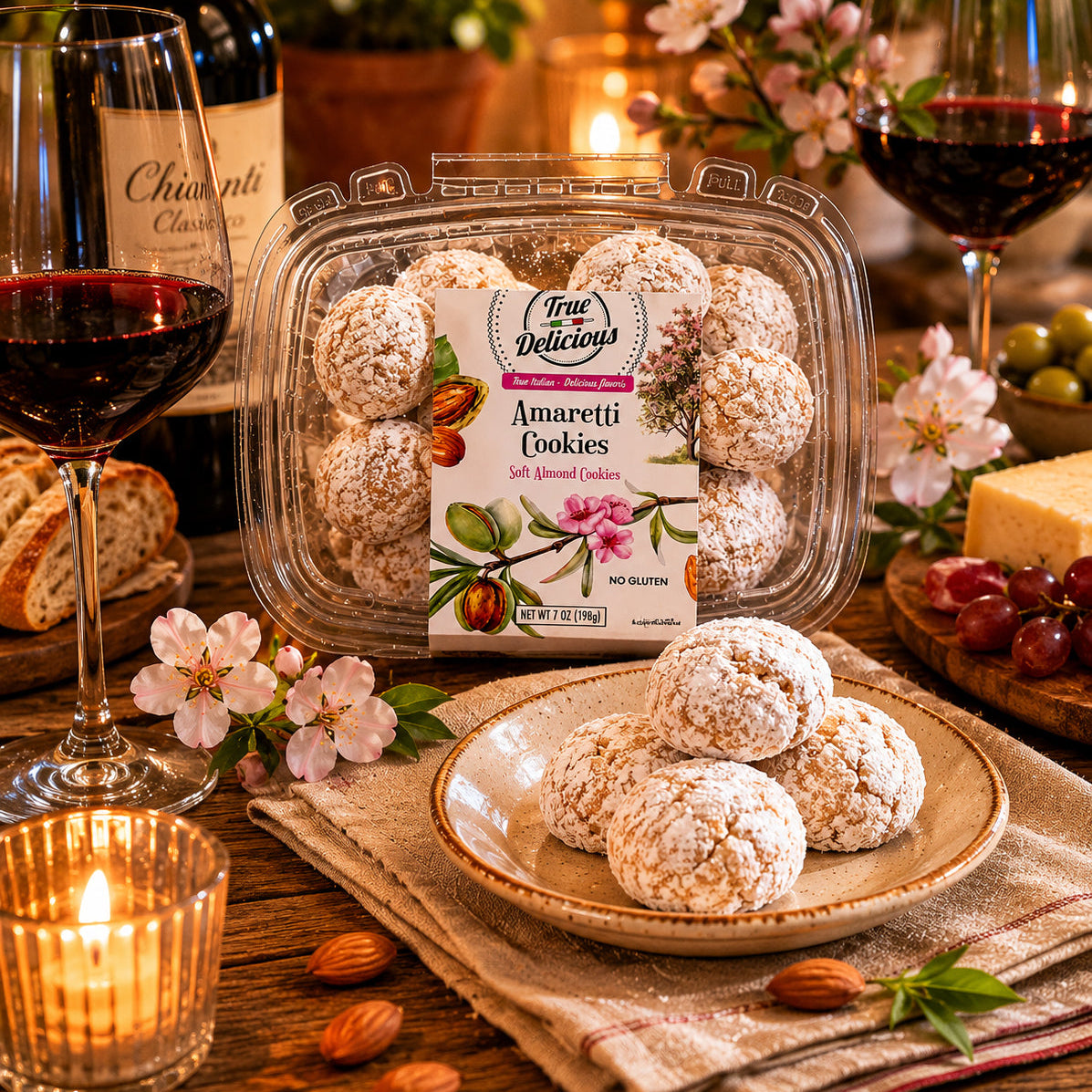 A table set with True Delicious Amaretti Cookies, a plate with three cookies, red wine in glasses, cheese, grapes, almonds, bread, flowers, and a candle creates a cozy and rustic atmosphere.