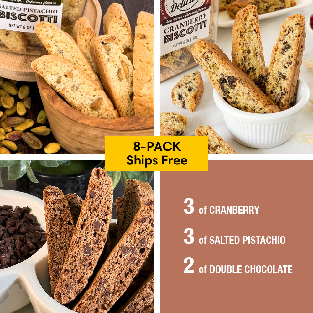 A collage showcases True Delicious gourmet cookies: salted pistachio in a bowl, cranberry in a cup, double chocolate by chocolate chips, and the Bundle of the Month—8-Pack (3 cranberry, 3 pistachio, 2 chocolate)—centered. Ships free.