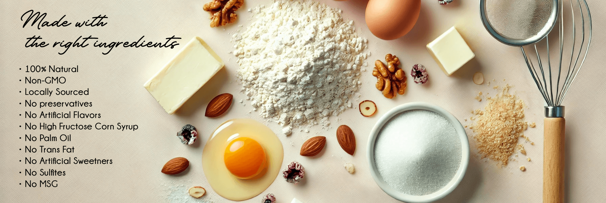 Ingredients for baking displayed on a light surface with text about ingredient quality.
