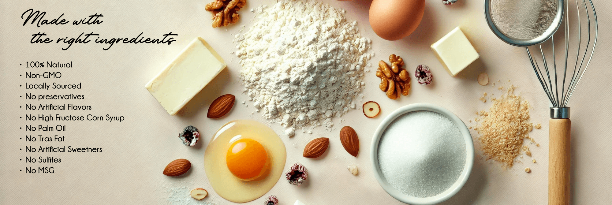 Ingredients for baking including flour, eggs, butter, and nuts on a light background with text about ingredient quality.