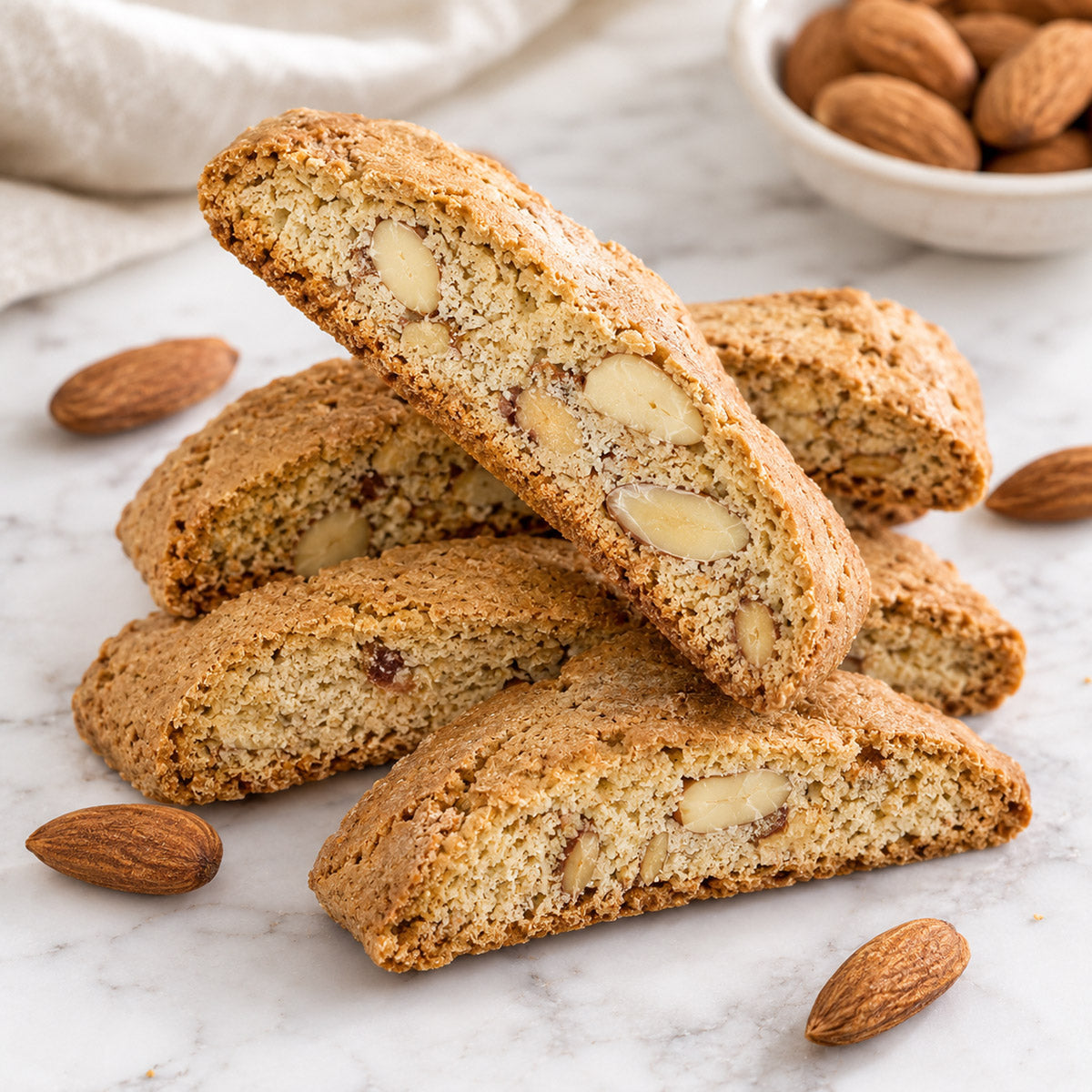 Four handcrafted True Delicious Gluten Free Ingredients Almond Biscotti are stacked on a marble surface, surrounded by whole almonds and a bowl of almonds in the background. These golden brown biscotti highlight visible almond pieces inside, making them an irresistible gluten-free snack.
