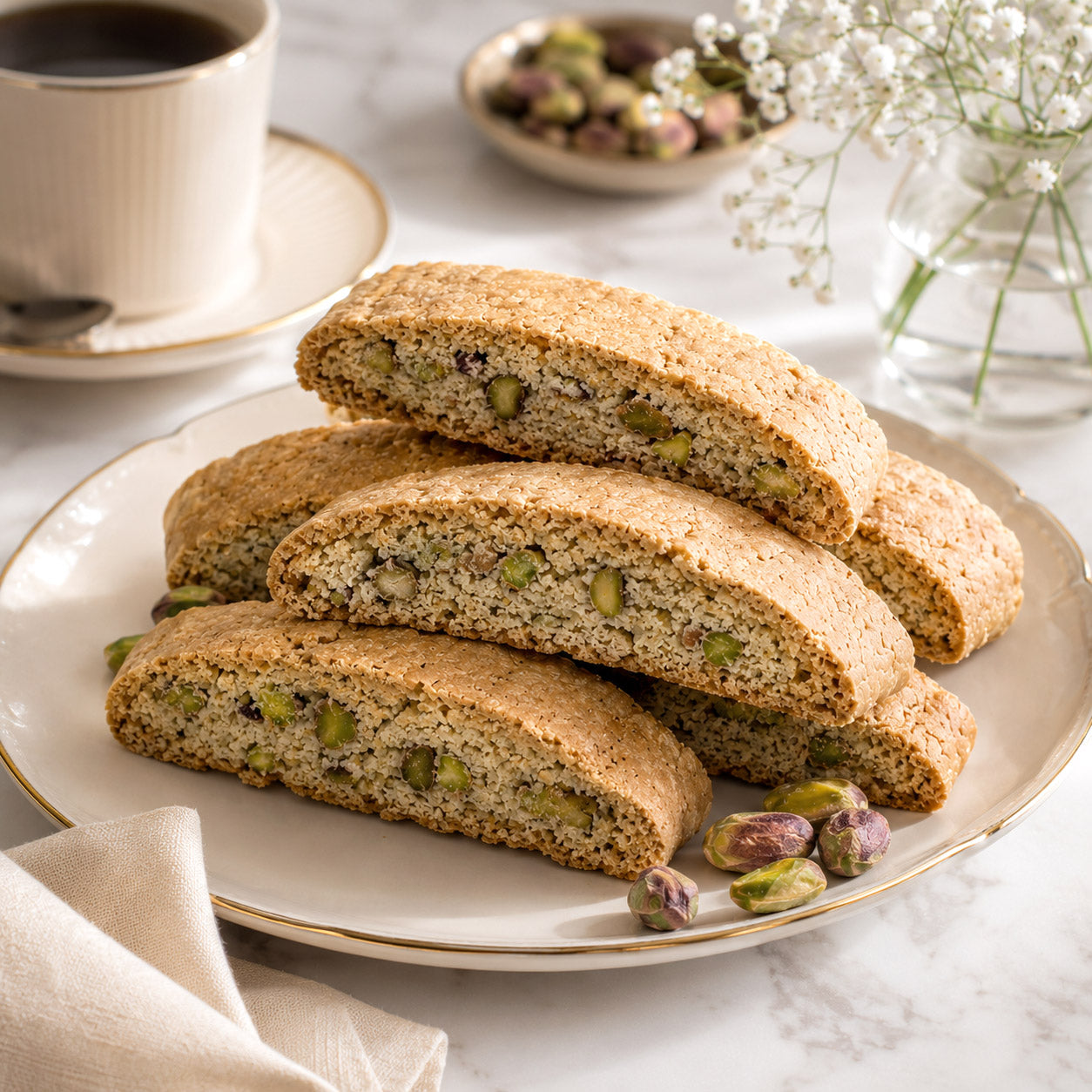Four Gluten Free Ingredients Pistachio Biscotti by True Delicious are stacked on a plate, with whole pistachios scattered nearby. A cup of coffee, a bowl of pistachios, and white flowers sit in the background on a marble table.