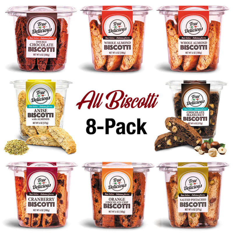 ["True Delicious All Flavors Biscotti 8-Pack features eight clear tubs of handcrafted, non-GMO biscotti—chocolate, almond, anise, orange, cranberry, chocolate hazelnut, and pistachio—arranged on a white background."]