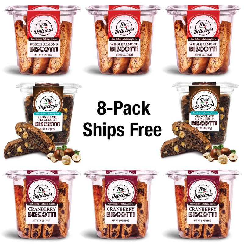["Six plastic tubs of True Delicious Bundle of the Month, made with non-GMO ingredients in three flavors, arranged around 8-pack bundle Ships Free text and images of nuts and cranberries."]