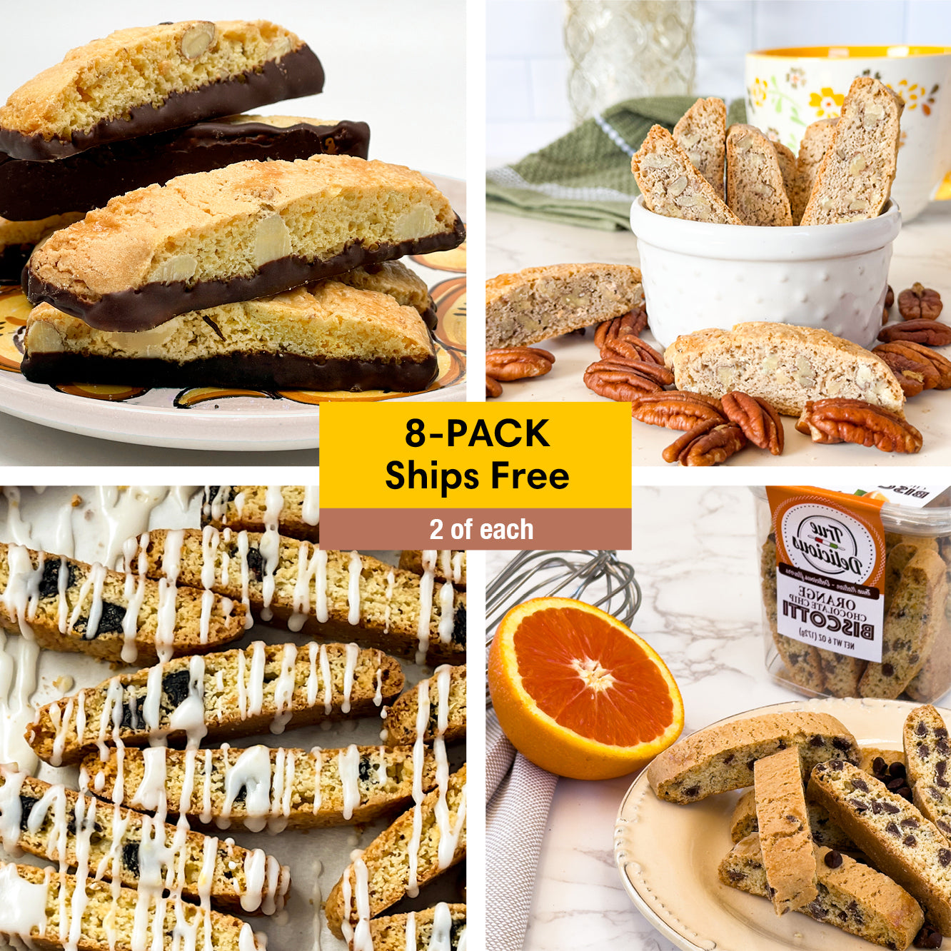 A collage displays four True Delicious biscotti—chocolate-dipped, nut, fruit-drizzled, and orange—with ingredients. Center text reads “Bundle of the Month: 8-Pack Ships Free (2 of Each).” Ideal for cookies and biscotti lovers!.
