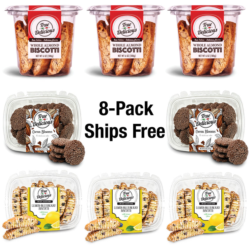 ["Bundle of the Month by True Delicious: eight-pack Non-GMO Italian cookies—three Whole Almond Biscotti, two Cocoa Blooms, and three Lemon Blueberry Biscotti. 8-Pack Ships Free featured in the center."]