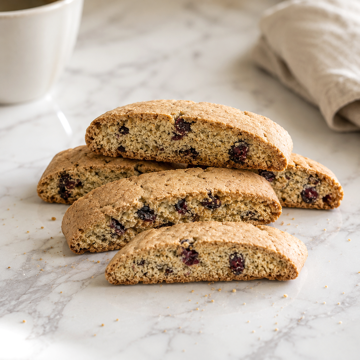 Four pieces of True Delicious Gluten Free Ingredients Cranberry Biscotti, featuring visible dried cranberries, are stacked on a marble surface with crumbs scattered around them, highlighting their classic Italian flavor. A mug and a folded beige napkin can be seen blurred in the background.