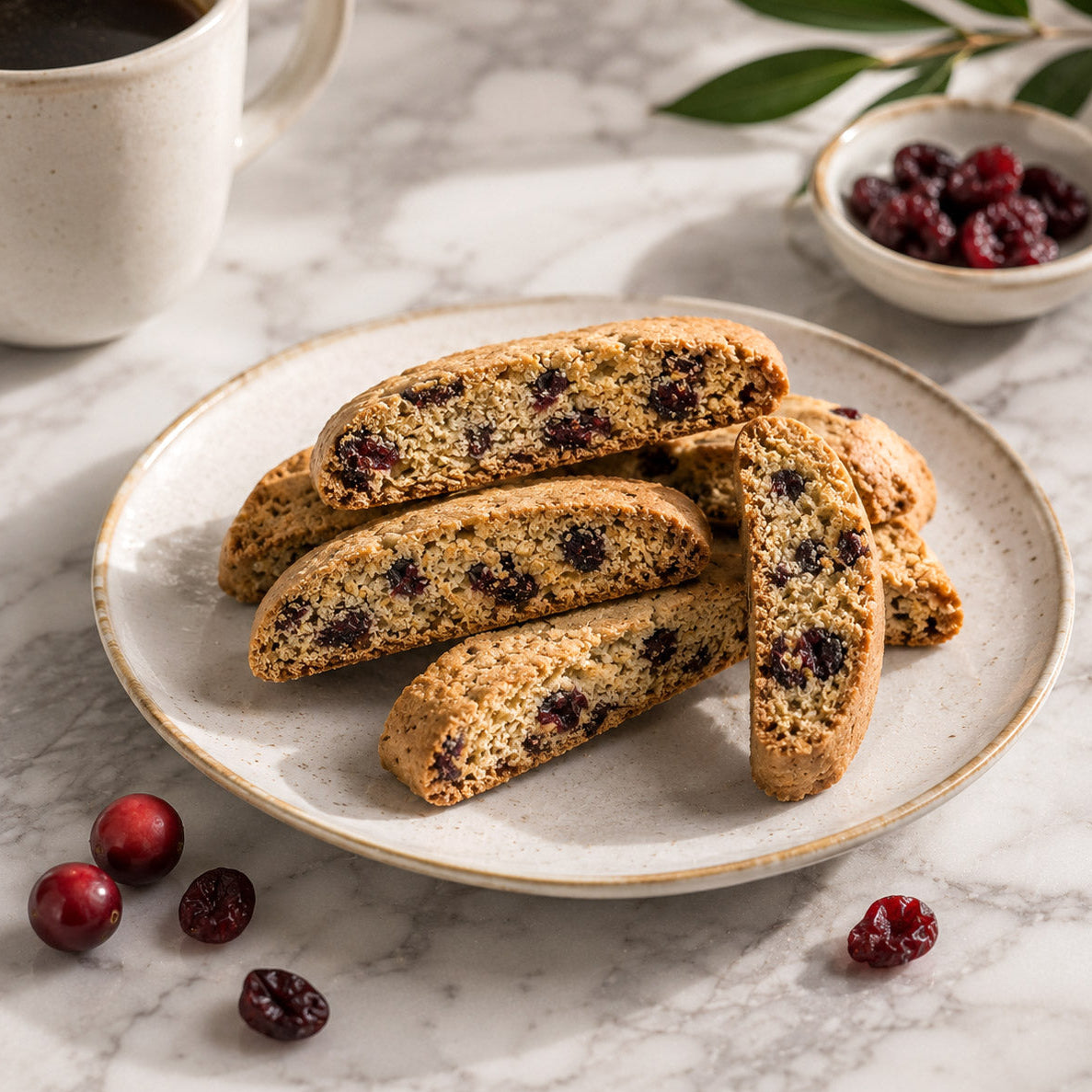 A plate of True Delicious Gluten Free Ingredients Cranberry Biscotti rests on a marble surface, highlighting classic Italian flavor beside a cup of coffee, a small bowl of dried cranberries, and scattered cranberries. A leafy branch adorns the background.