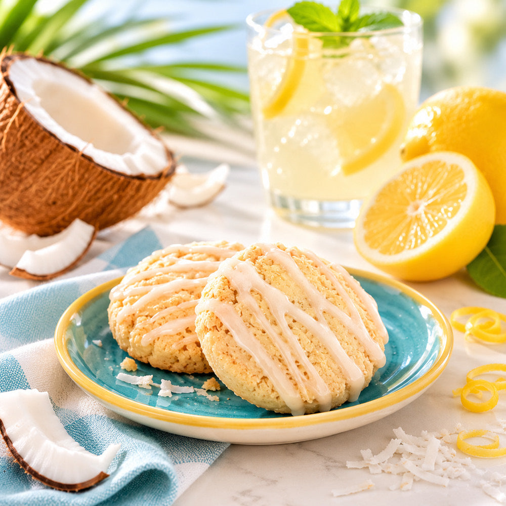 Two Lemon Glazed Coconut Shortbread Cookies from True Delicious Biscotti rest on a blue plate, surrounded by coconut pieces, a halved lemon, lemon twists, and a glass of lemonade with lemon slices and mint. The scene is set against a bright, sunny background.