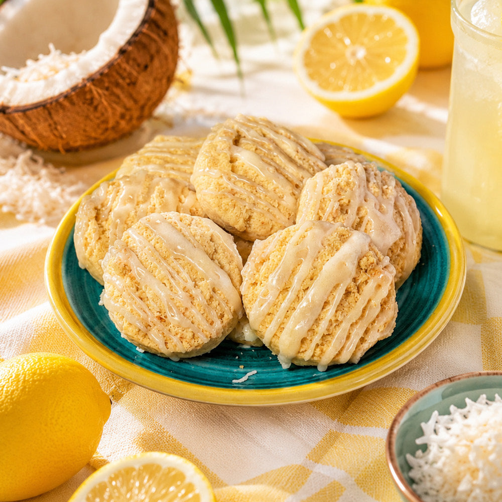 A plate of True Delicious Biscotti Lemon Glazed Coconut Shortbread Cookies rests on a yellow plaid cloth, surrounded by fresh lemons, coconut, shredded coconut, and a cool glass of lemonade—each cookie bursting with rich European-style butter flavor.