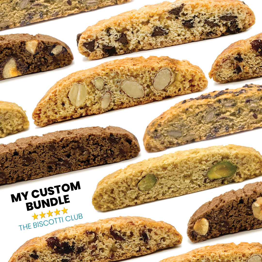 Assorted True Delicious biscotti with various nuts and dried fruits on a white background. In the corner, text reads: My Custom Bundle ★★★★★ True Delicious.