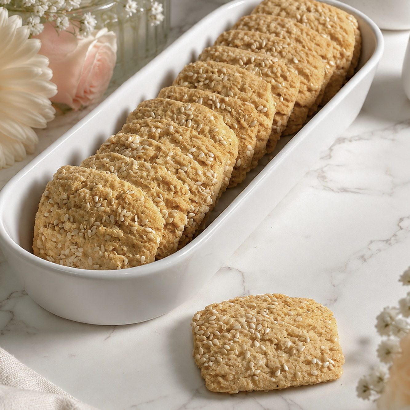 A row of rectangular True Delicious Reginelle Sesame Cookies is arranged in a white ceramic dish on a marble surface, with one cookie beside the dish. Flowers and soft lighting add a cozy, inviting touch.