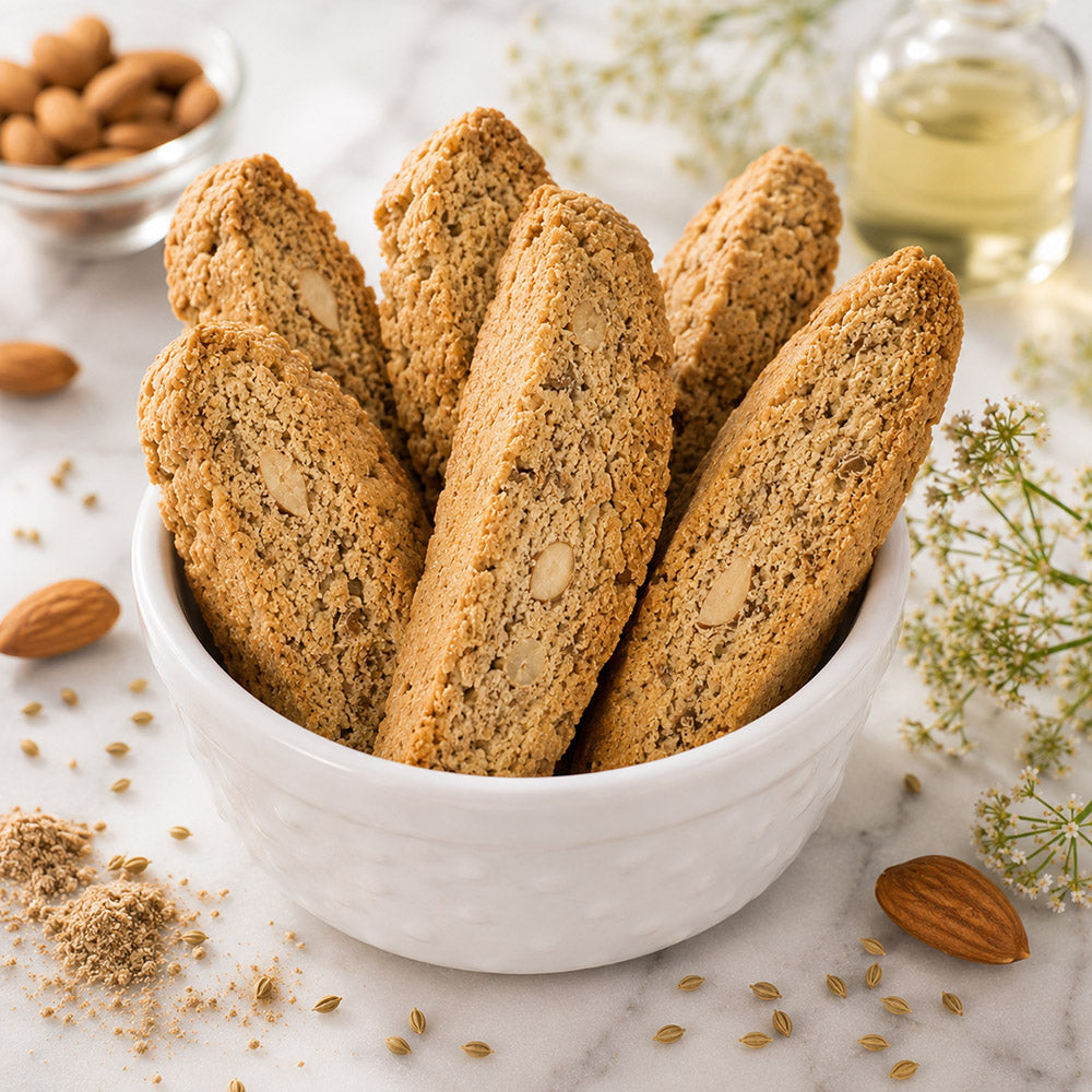 A white bowl filled with True Delicious Sugar Free Anise Biscotti, surrounded by almonds and crumbs on a marble surface, with a small bottle and delicate flowers in the background.