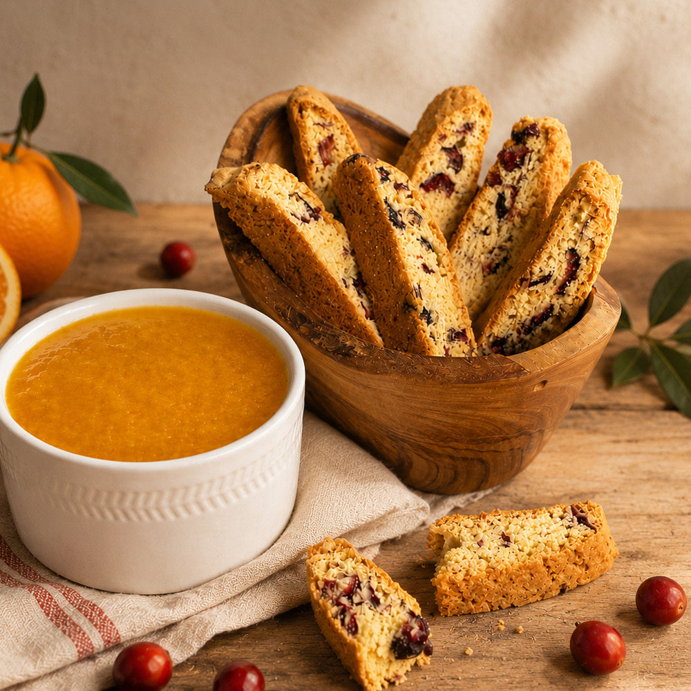 A wooden bowl of True Delicious Cranberry Orange Biscotti - Special Batch sits beside a white dish of orange soup on a wooden table, decorated with fresh oranges, cranberries, green leaves, and extra handcrafted biscotti pieces.