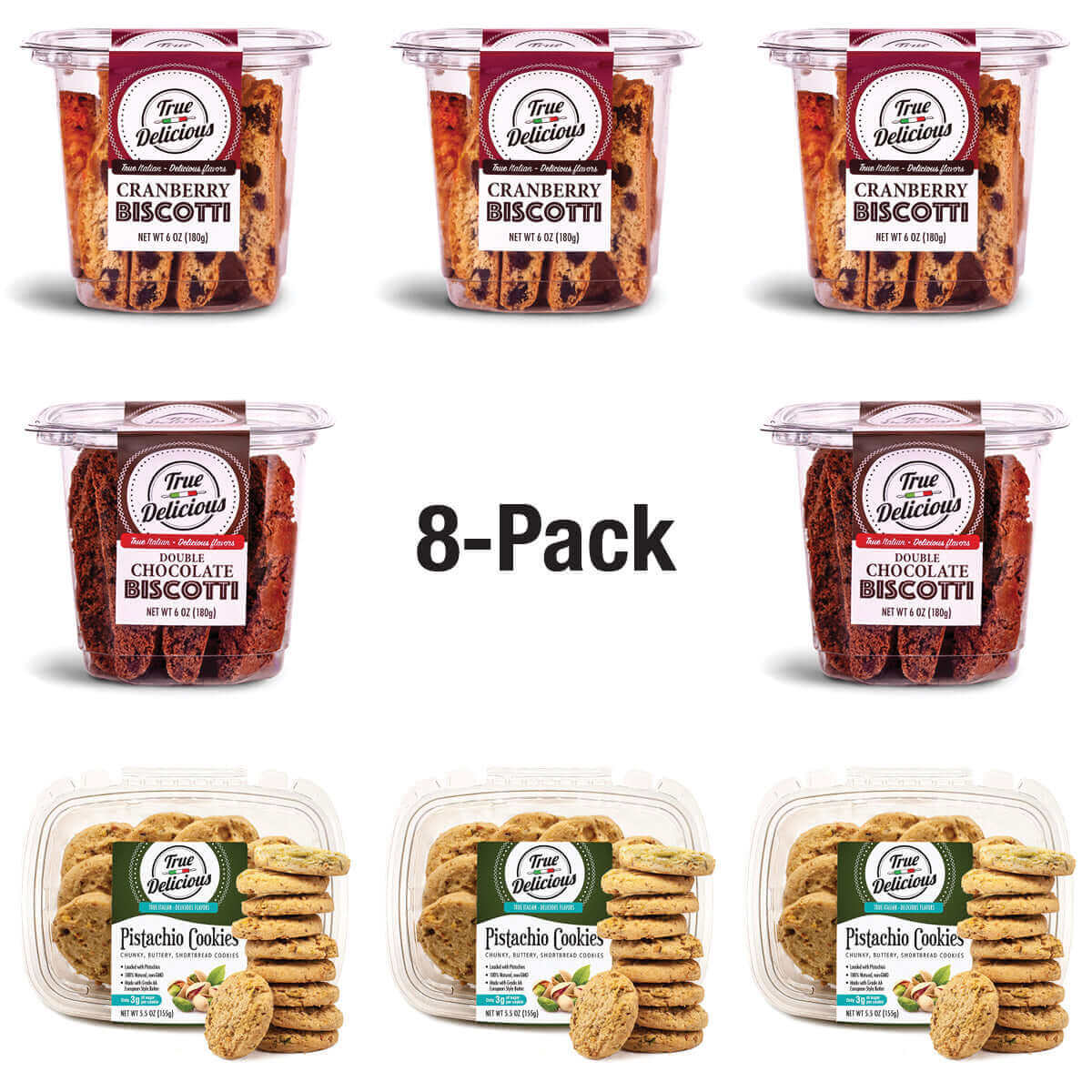 Eight packs of True Delicious Cranberry & Double Chocolate Biscotti + Pistachio Shortbread Cookies are arranged in rows, with “8-Pack” in large text at the center.