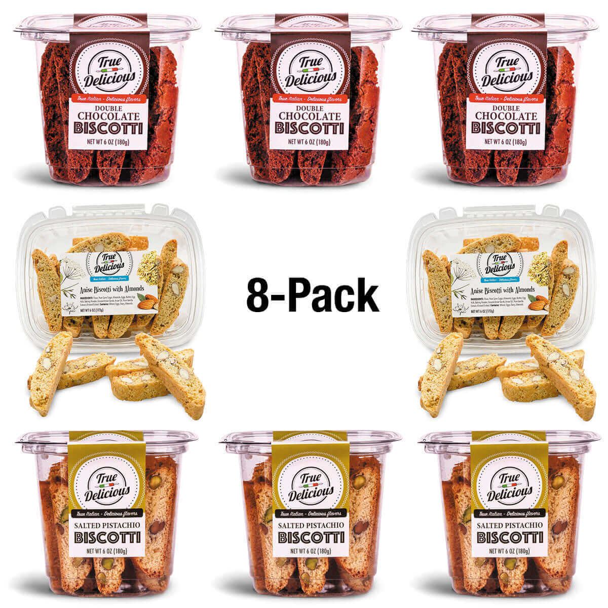 Eight containers of True Delicious Double Chocolate, Anise, and Salted Pistachio Biscotti (8-pack) are arranged around “8-Pack” text on a white background.