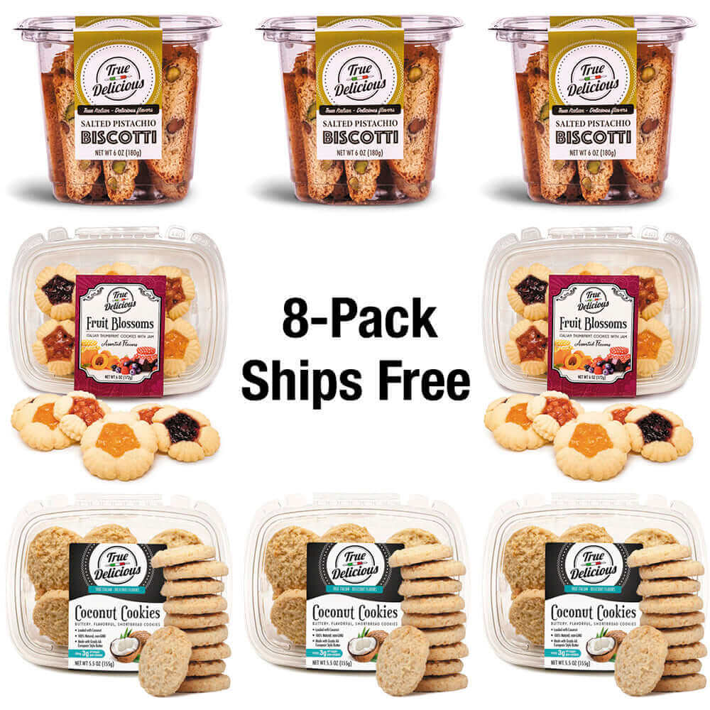 Eight containers of True Delicious Salted Pistachio Biscotti, Fruit Blossoms Jam Cookies, and Coconut Shortbread Cookies (8-pack), with a Ships Free message in the center.